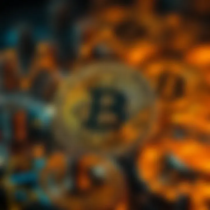 Iconographic representation of blockchain and cryptocurrency trends.